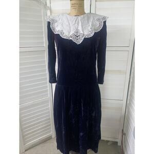 Vintage 80s Nancy Johnson Navy Blue Crushed Velvet Formal Cocktail Dress Sz Sm